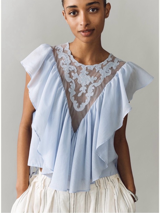 Tops - Light Blue Lace-Trim Flutter Sleeve Top